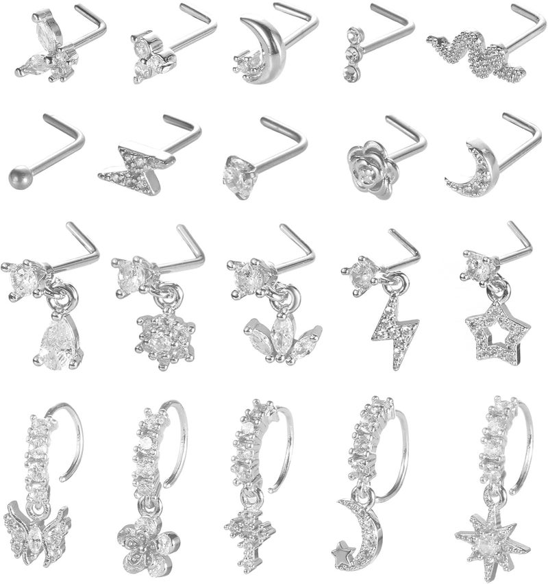 SAMOCO 20Pcs 20G Dangle Nose Ring L Shaped Dangling Nose Stud for Women Stainless Steel Nose Ring Studs CZ Flower Dangle Nose Rings Hoops Nose Piercing - Image 1